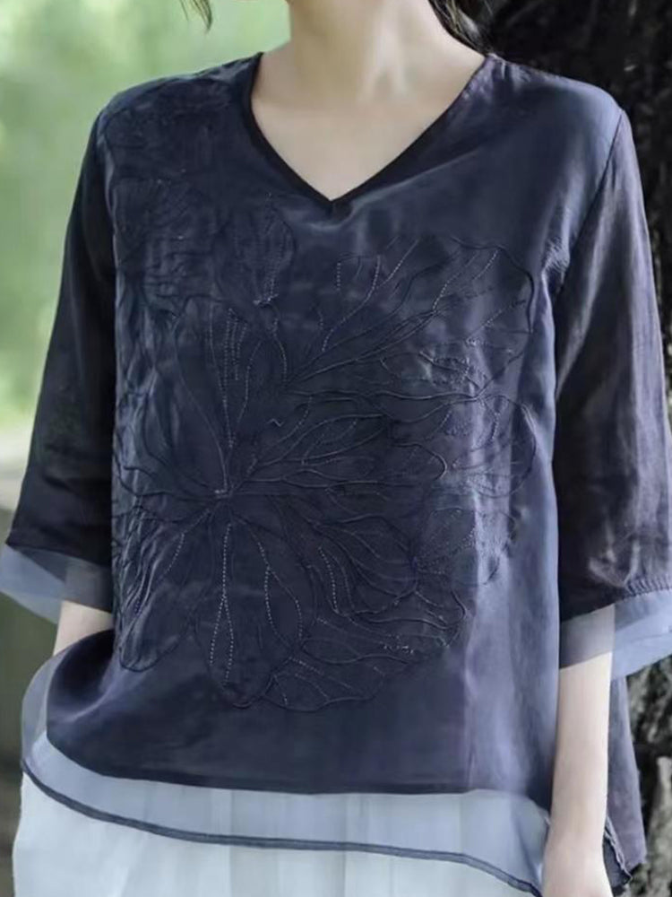 Comstylish Women's Floral Embroidery Linen Blend V-Neck Shirt