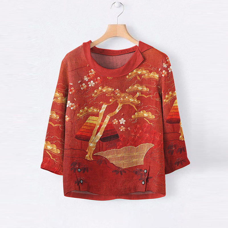 Vintage Japanese Art Print Casual Blouse