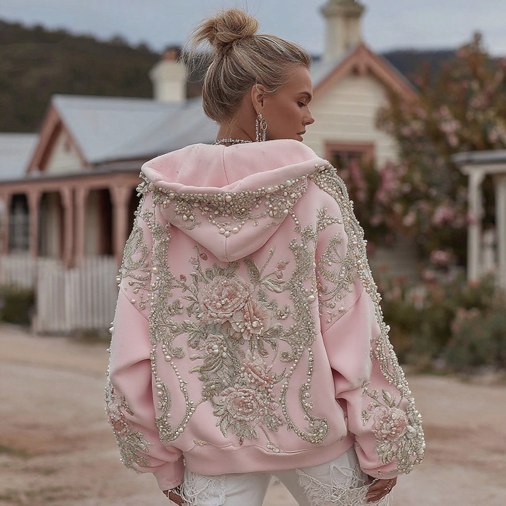 Comstylish Women's Retro Bohemian Floral Embroidery Casual Hooded Sweatshirt