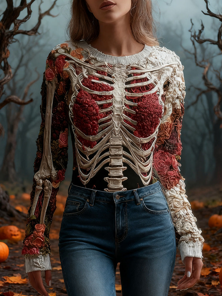 Comstylish Women's Halloween Retro Skeleton Print Top