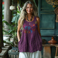 Vintage Tribal Floral Art Sleeveless Linen Blend Tank Top artswardrobe