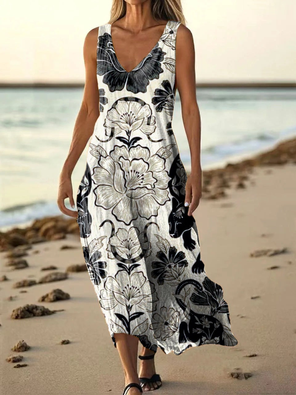 Women's Vintage Floral Case Art Print Pocket Cotton Dresses