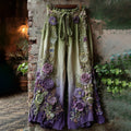Classy Purple Lavender And Floral Embroidered Art Linen Pants artswardrobe