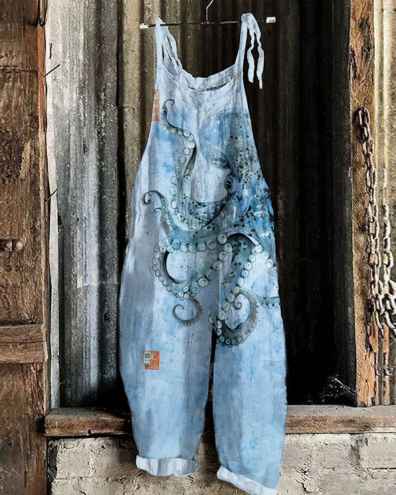 Comstylish Vintage Japanese Art Octopus Print Casual Loose Jumpsuit