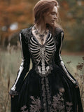 Comstylish Vintage Classy Skeleton Floral Beaded Trim Velvet Maxi Dress