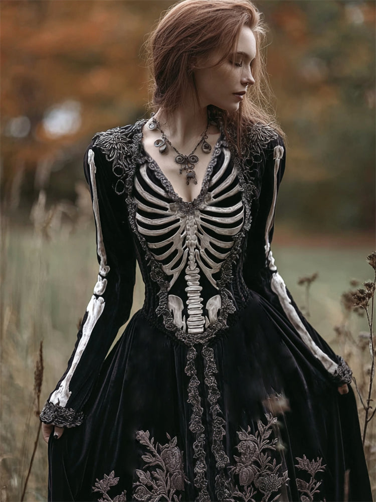 Comstylish Vintage Classy Skeleton Floral Beaded Trim Velvet Maxi Dress