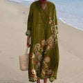 Women's Vintage Flower Art Print Linen Blend Dress artswardrobe