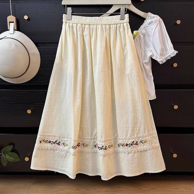 Women's Elegant Lace Flowers Embroidery Art Linen Blend Skirt artswardrobe
