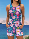 Colorful Flower Print Halter Ruffle Ruched Jacquard Tankini Short Set