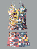 V-Neck Vintage Ethnic Multicolor Fish Art Print Suspender Skirt Tankini Pantskirt Set Swimsuit