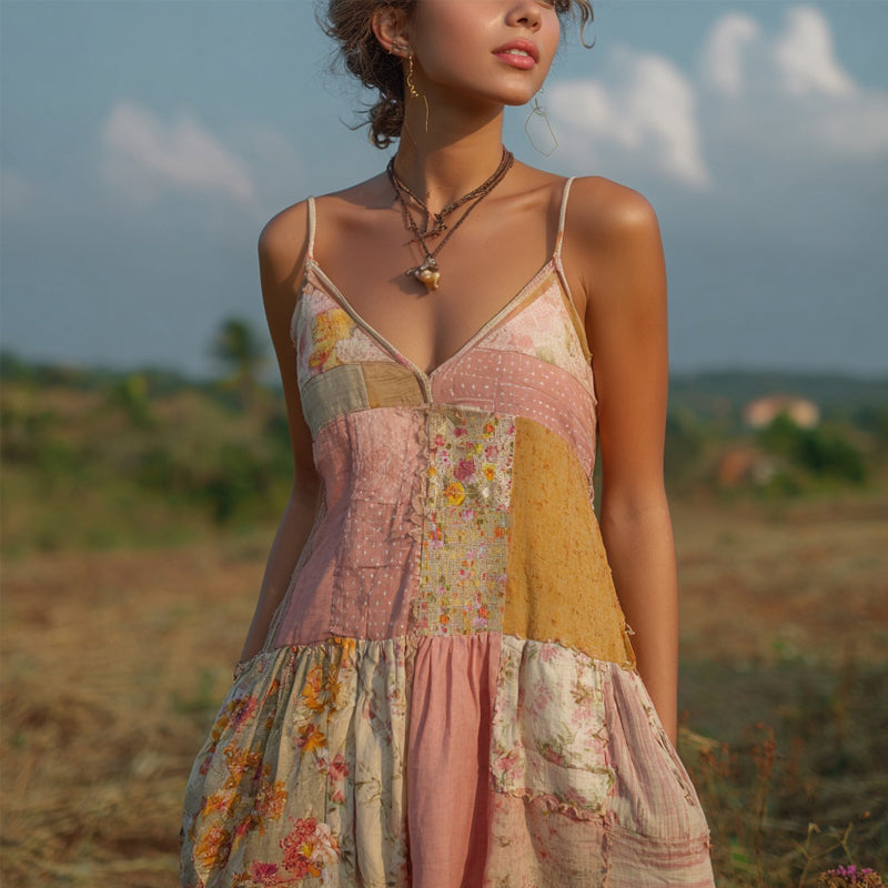 Vintage Cottagecore Pink Floral Patchwork Linen Mini Dress artswardrobe