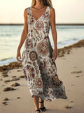 Women's Vintage Folk Floral Art Print V Neck Sleeveless Pocket Cotton