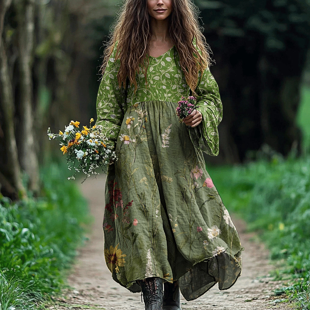 Women's Floral Casual Linen Long Sleeve Dress artswardrobe