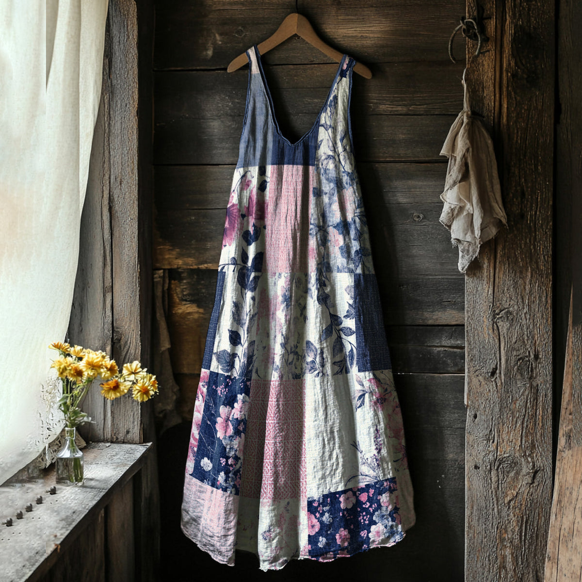 Women's Floral Geometry Art Linen Tank Dress artswardrobe