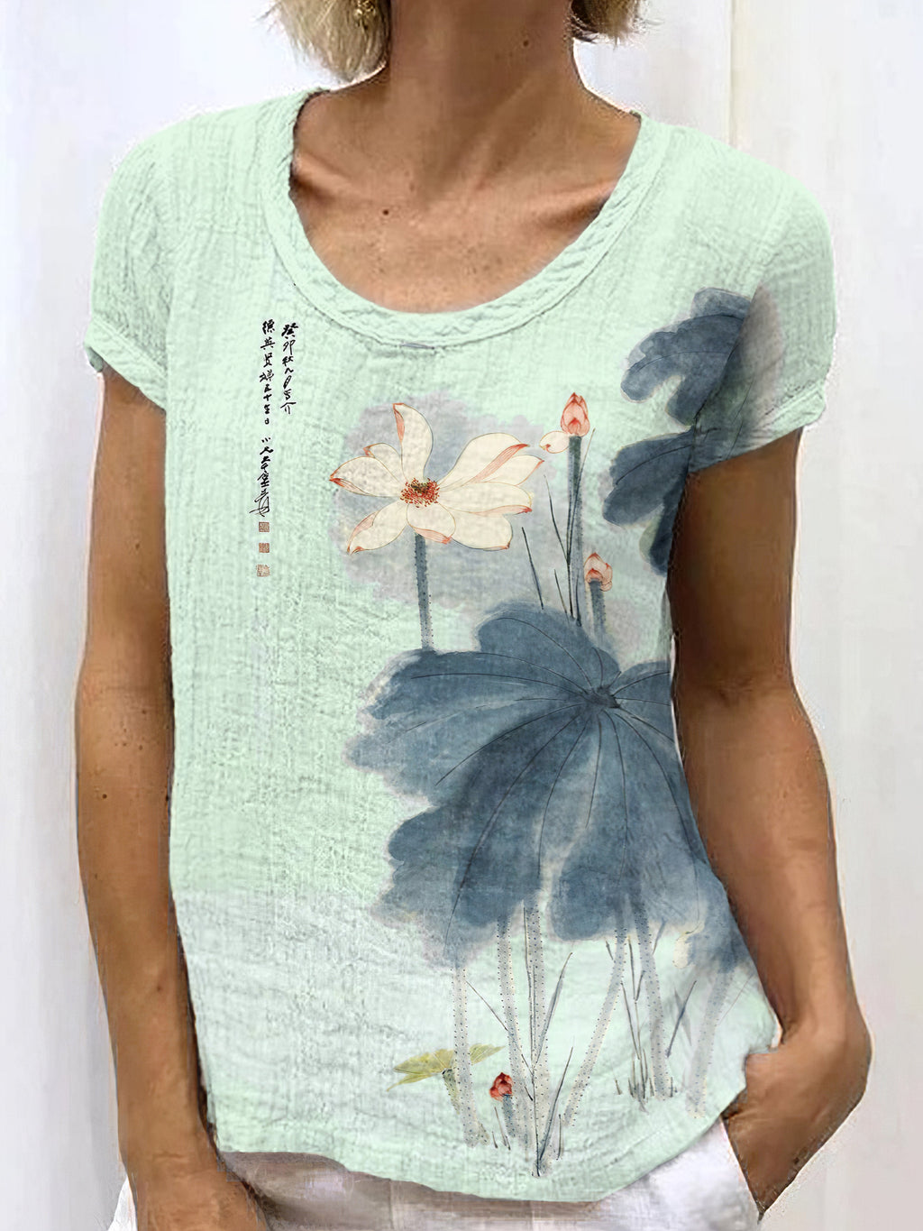 Comstylish Japanese Retro Orchid Ink Wash Painting Art Linen Casual T-Shirt