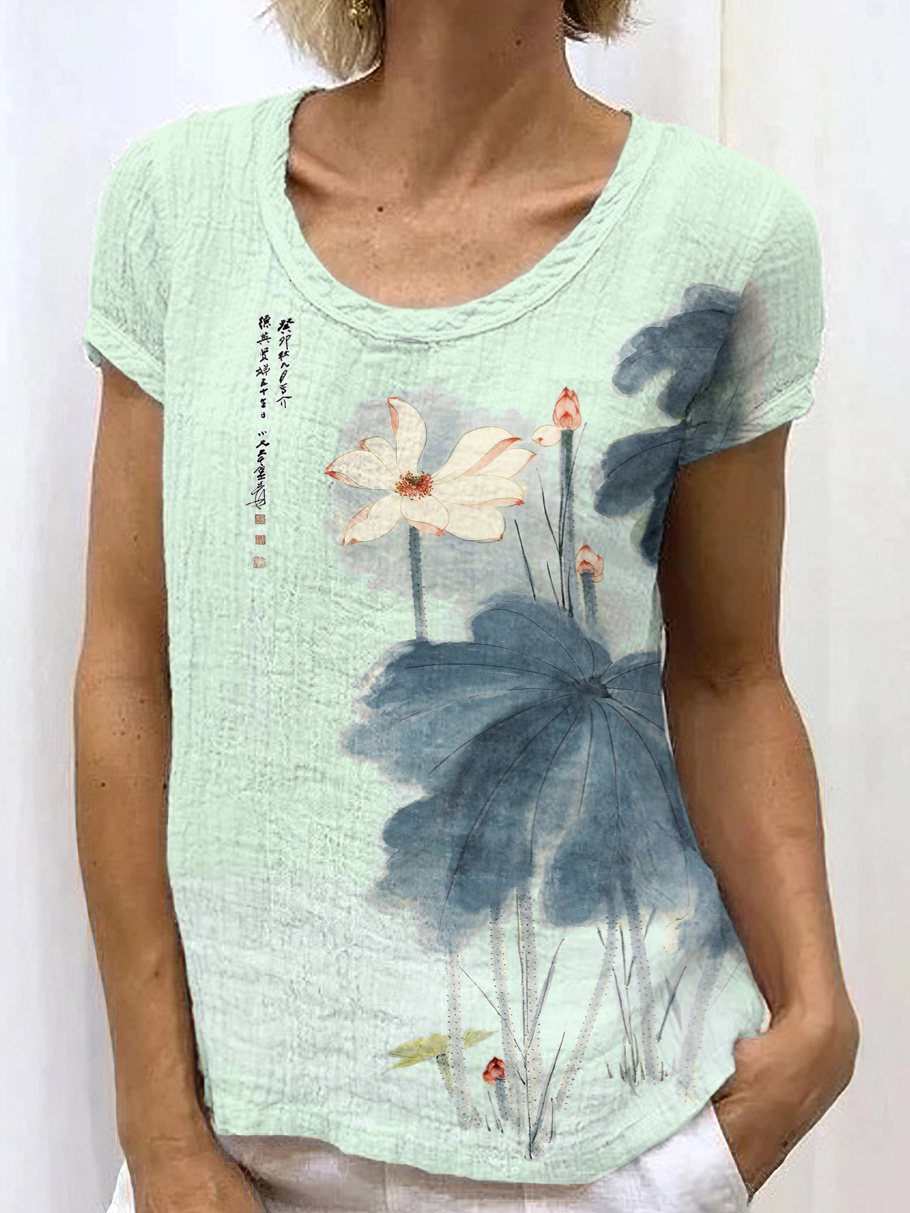 Comstylish Japanese Retro Orchid Ink Wash Painting Art Linen Casual T-Shirt