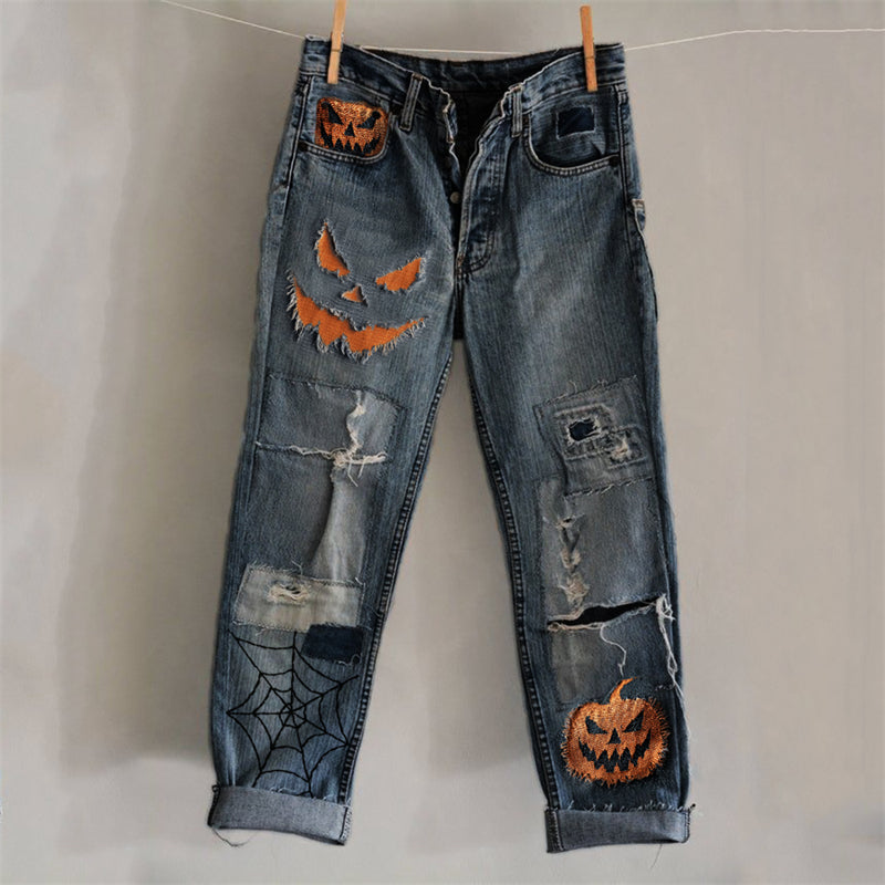 Comstylish Halloween Pumpkin Inspired Distressed Patched Washed Jeans