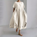 Stretching Cat & Paw Prints Embroidered Linen Blend Maxi Dress elevenforest