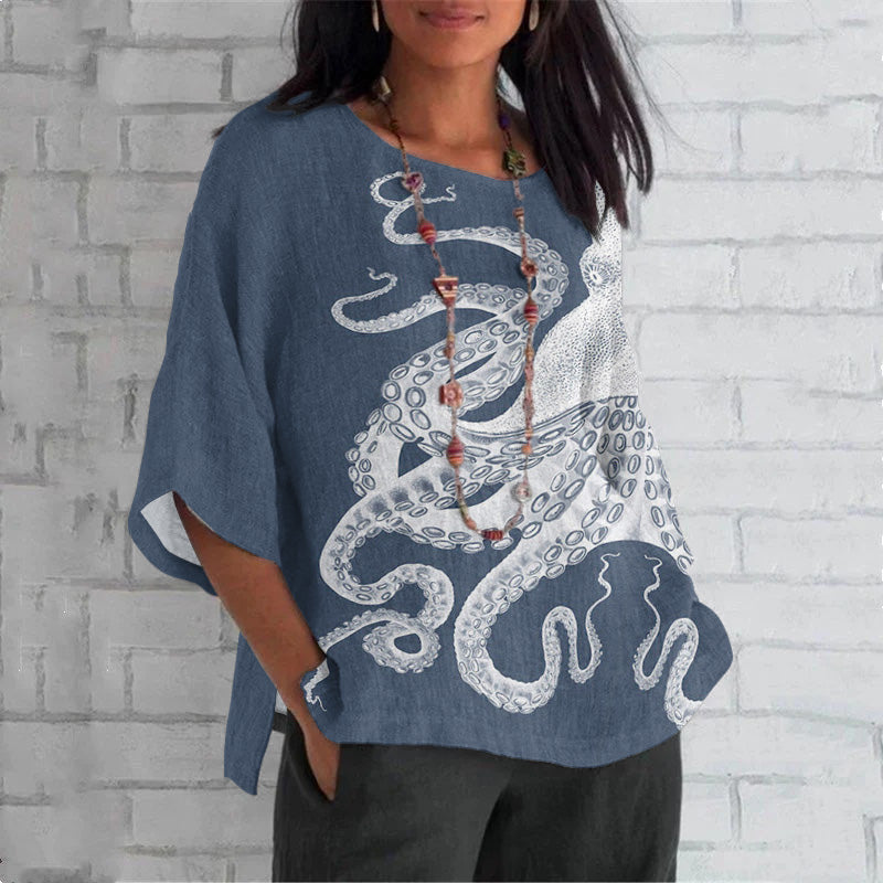Comstylish Japanese Art Octopus Print Loose T-Shirt
