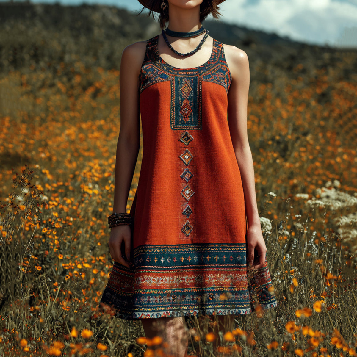 Women's Western Geometric Print Crew Neck Tank Midi Dress artswardrobe
