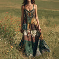 Vintage Bohemian Western Floral Patchwork Print V-neck Suspender Maxi Dress artswardrobe