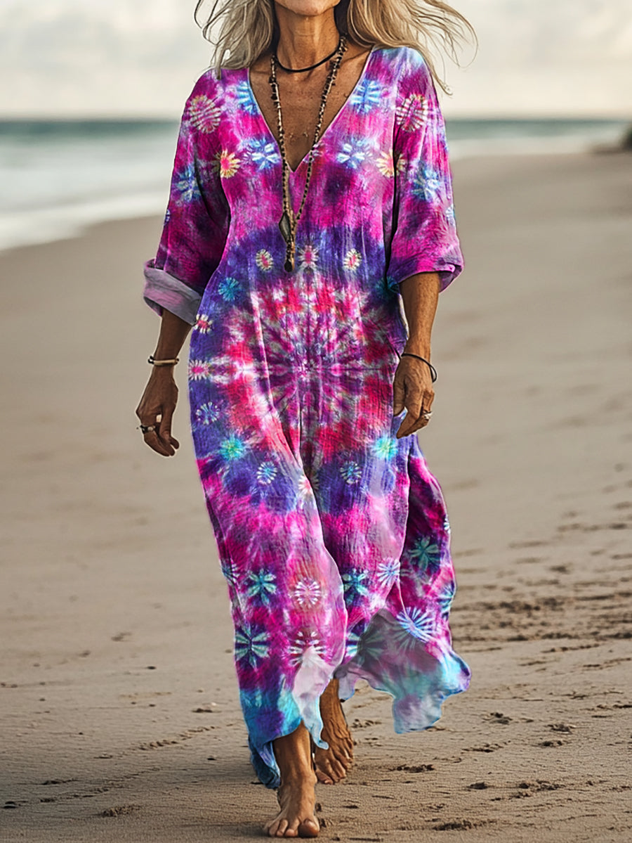 Women's Tie-dye Mandala Art Print Pocket Cotton Dress