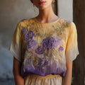 Vintage Purple Roses Embroidered Gradient Linen T Shirt artswardrobe