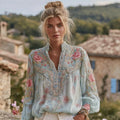 Women's Vintage Floral Embroidered Linen Blend V-neck Shirt