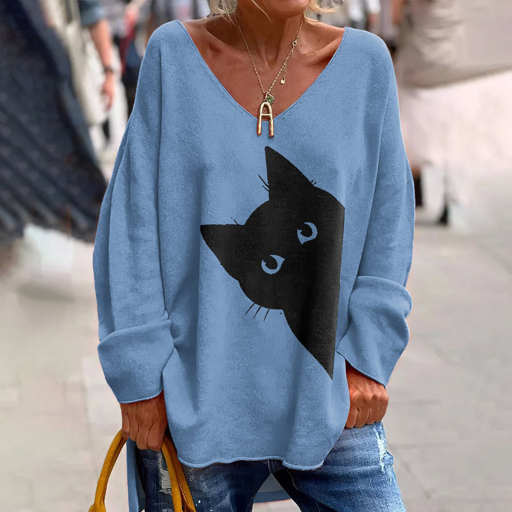 Women's Classic Peek-A-Boo Hiding Black Cat Painting Print Long Sleeve T-Shirt elevenforest