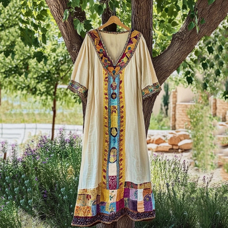 Vintage Patchwork Art Linen Short Sleeve Tank Dress artswardrobe