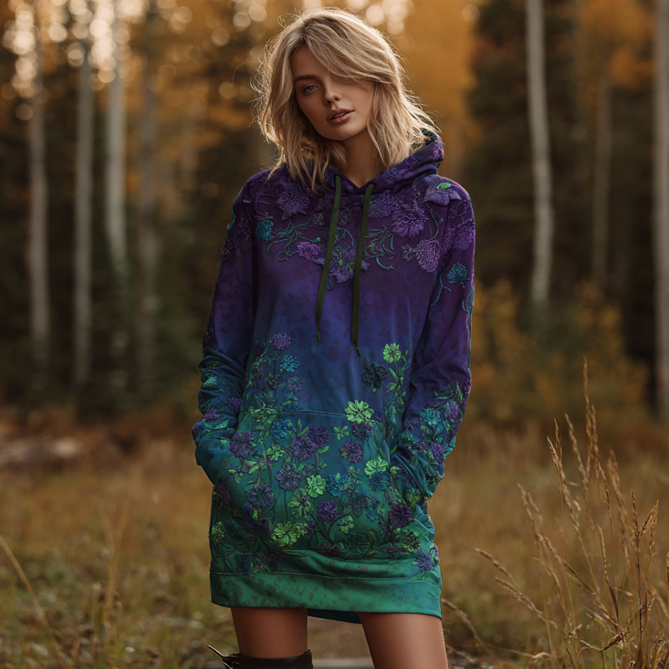 Comstylish Women's Autumn And Winter Gradient-colored Hooded Sweatshirt Dress