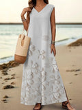 Women's Floral Art Print V-Neck Sleeveless Cotton Pocket Dress