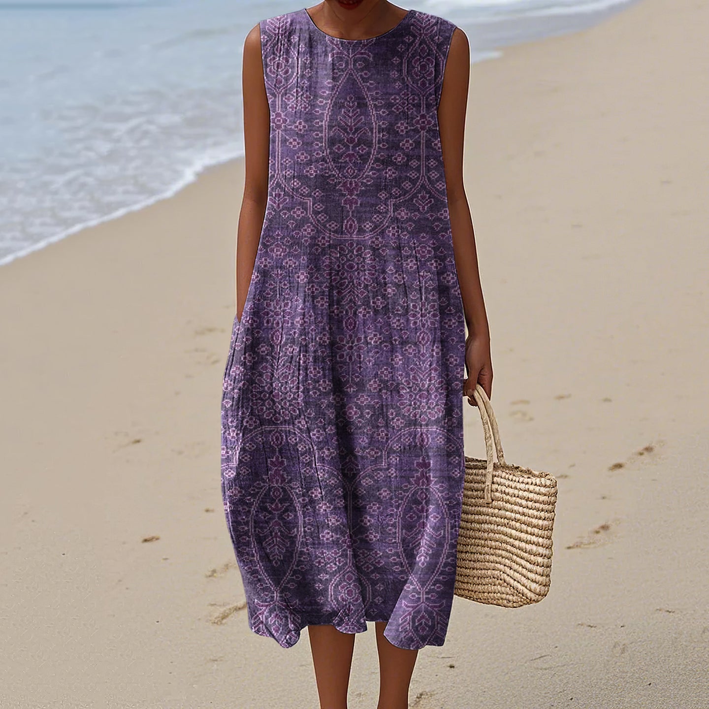 Women's Vintage Purple Floral Linen Maxi Dress artswardrobe