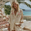 Vintage Pink Floral Art Button Down Comfy Linen Tunic artswardrobe