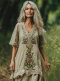 Vintage Floral Lace Patchwork Embroidery Women's Linen V-neck Maxi Dress artswardrobe