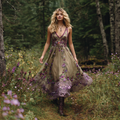 Vintage Purple Floral Embroidery V-neck Sleeveless Dress artswardrobe
