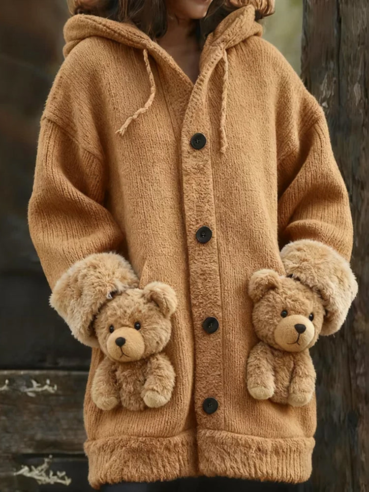 Cute Teddy Bear Vintage Hooded Cardigan Sweater