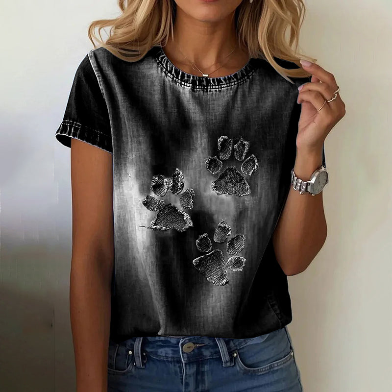 Comstylish Women's Cute Cat Paw Denim Patchwork Art T-shirt