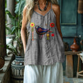 Women's Floral And Bird Embroidery Art Cotton And Linen Vest artswardrobe