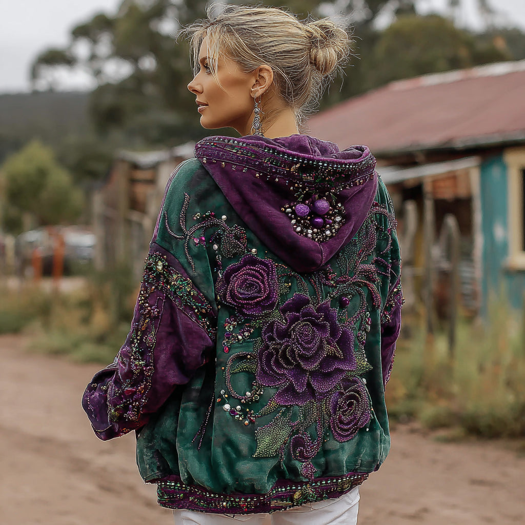 Comstylish Women's Retro Purple Rose Contrast Pattern Casual Hoodie