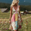 Women's Boho Floral Patch Art Comfy Midi Dress