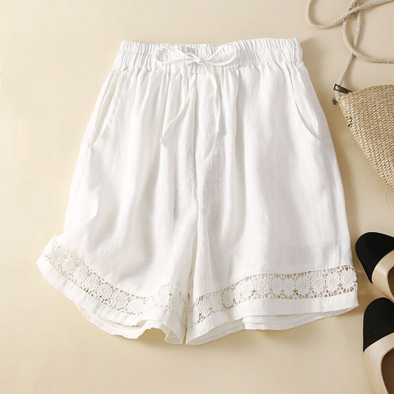 Women's Retro Solid Color Lace Elastic Waist Cotton And Linen Shorts artswardrobe