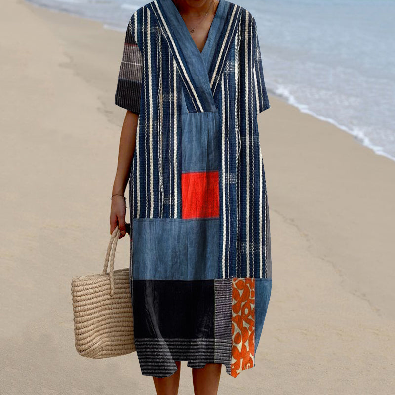Comstylish Women's Geometric Stripes Stitching Art Linen V-neck Dress