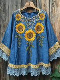 Sunflowers Embroidered Lace Patchwork Linen Blend Shirt artswardrobe