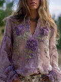 Comstylish Classy Purple Flowers Fiber Art Flowy Linen Tunic
