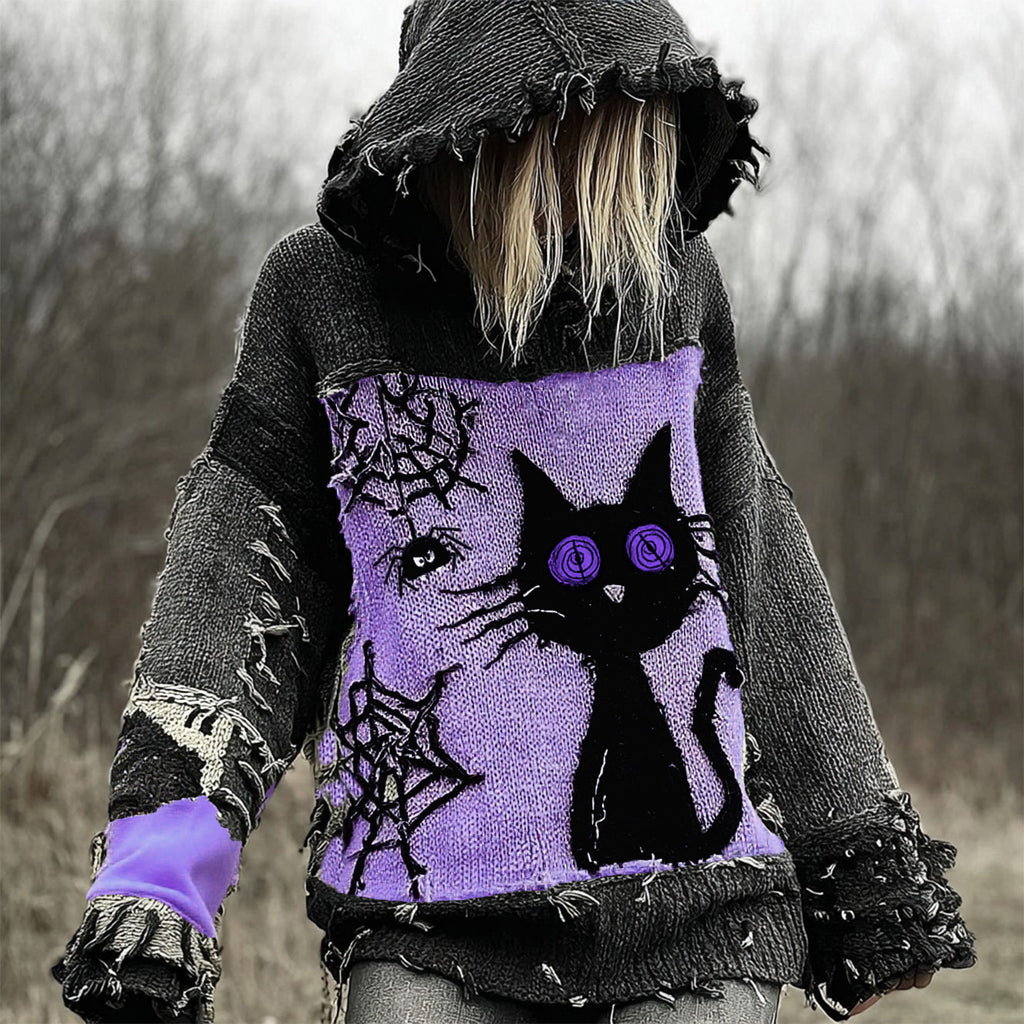 Halloween Scared Black Cat Patchwork Stitched Cozy Knit Hooded elevenforest