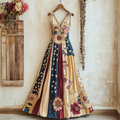 Women's Vintage Independence Day Flag Floral Embroidery Sleeveless Dress artswardrobe