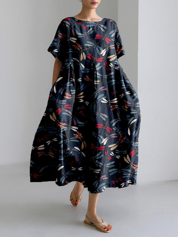 Traditional Colorful Dragonfly Japanese Art Linen Blend Maxi Dress