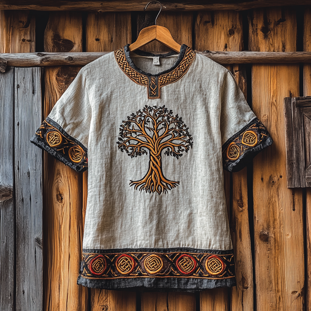 Men's Viking Tribal Celtic Embroidered Linen T-shirt artswardrobe