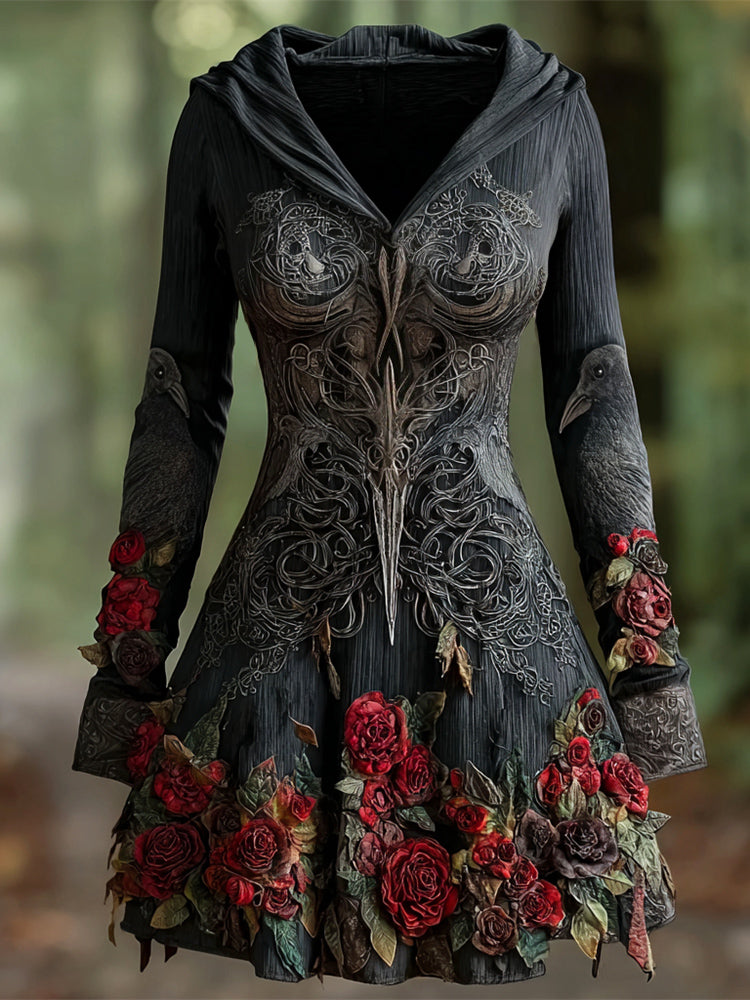 Comstylish Halloween Dark Rose Art Women's Hooded Mini Dress